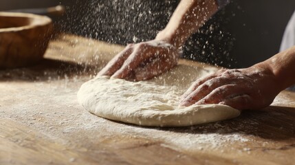 Fototapeta premium Baker's hands kneading dough with flour dust on wooden surface in rustic kitchen