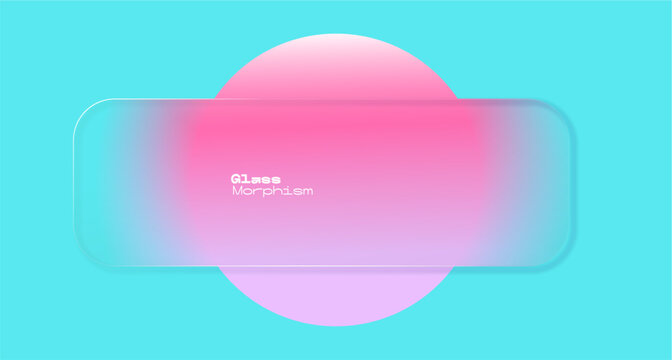 Frosted glass banner overlay on pink gradient circle. Minimalist geometric composition with teal blue background. Modern glassmorphism vector template for text, title or web banner design.
