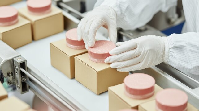 Skincare product packaging process on conveyor belt with gloved hands in a manufacturing facility