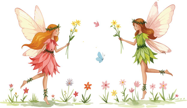 Two beautiful fairies with flowers in a whimsical garden setting surrounded by colorful blooms and lush greenery