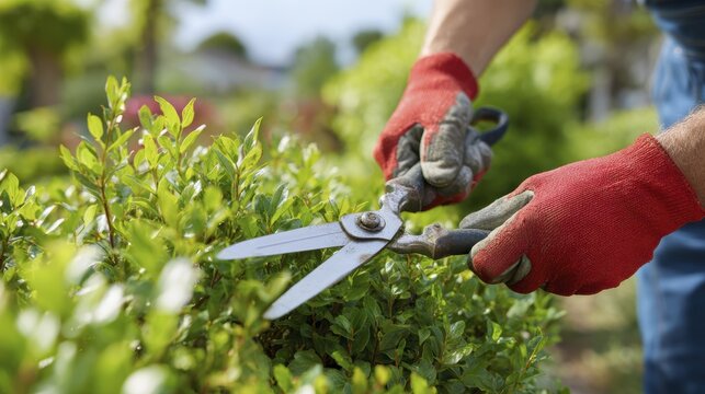 Gardener trimming lush green hedge with scissors for perfect landscaping