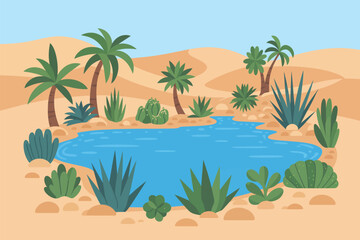 Fototapeta premium DESERT OASIS Poster: Rolling Orange Sand Dunes with Palm Trees and Water Under Light Blue Sky