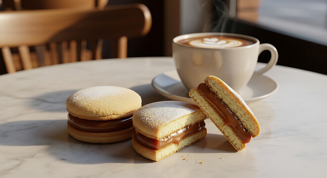 Ultra-High Quality Argentine Alfajores with Coffee &ndash; Caf&eacute; Aesthetic Dessert Photography