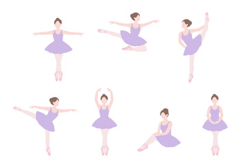 フラットイラスト　バレエ　いろいろなポーズ　セット　パステルカラー