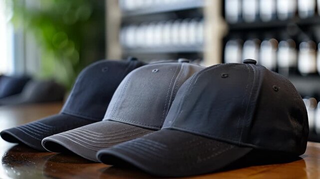 Two Stacked Black Baseball Caps on Wooden Surface - Apparel, Fashion, and Casual Lifestyle Stock Photo