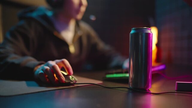 Gamer man playing online video game on computer closeup. Esport concept gaming virtual entertainment. Cyber e sport videogame tournament hands control mouse keyboard close up. Neon light. Player level