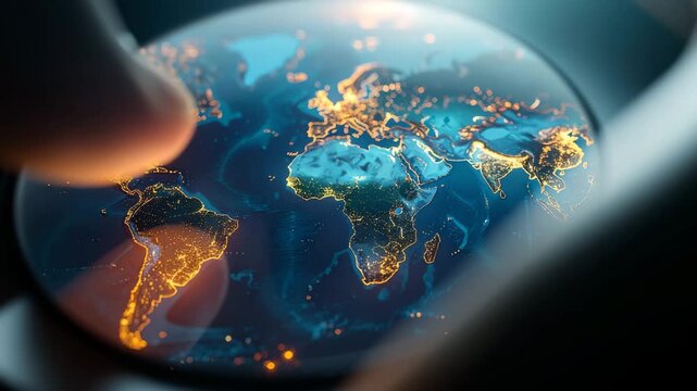 Global Connection: A hand delicately holds a futuristic device displaying a vibrant, glowing map of the world, symbolizing interconnectedness, technological advancement.