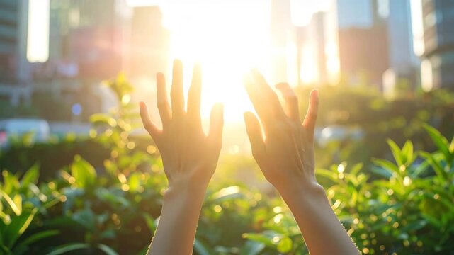 Reaching for the Light: A person's outstretched hands reaching towards the radiant sunlight, with lush greenery in the foreground and a cityscape in the background, a moment of hope.