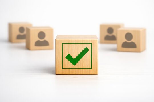 The Right Choice: A wooden block with a prominent check mark stands as the definitive selection among others, conveying precision and the power of decision-making.