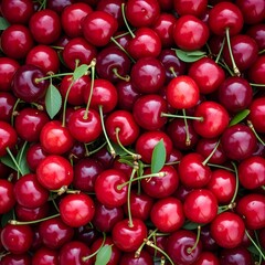 Abundant Pile of Fresh Red Cherries with Green Leaves and Stems, A Sweet Harvest Close-Up for Summer