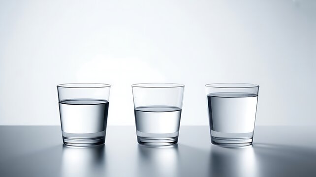 Three Glasses of Water Showing Different Levels: Full, Half, and Low