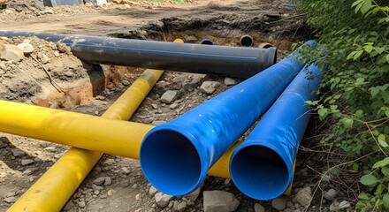 Laying Pipeline Sections: Yellow and Blue Plastic Tubes on Construction Site Ground
