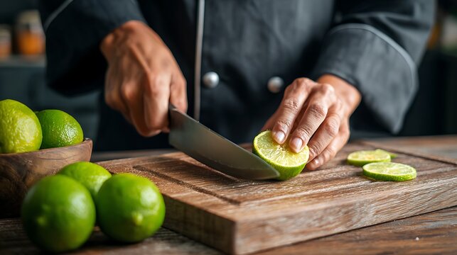 Elegant poto of Chef slicing lime on a wooden cutting board in a kitchen.