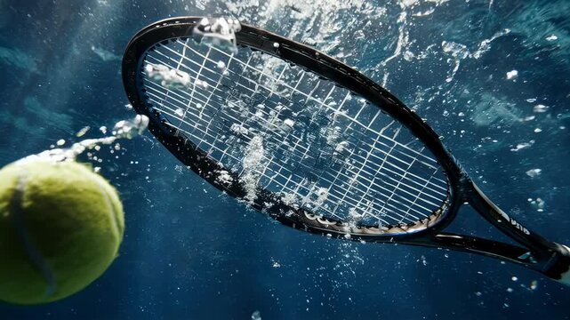 Tennis ball and racket submerged underwater, creating a splash