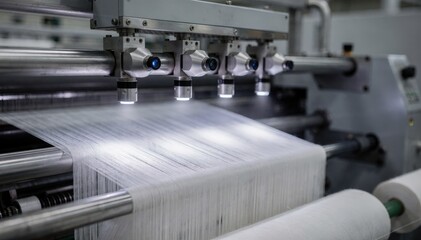 Medium shot of optical sensors scanning yarn for diameter consistency and detecting microscopic flaws during live quality inspection in a textile manufacturing environment.