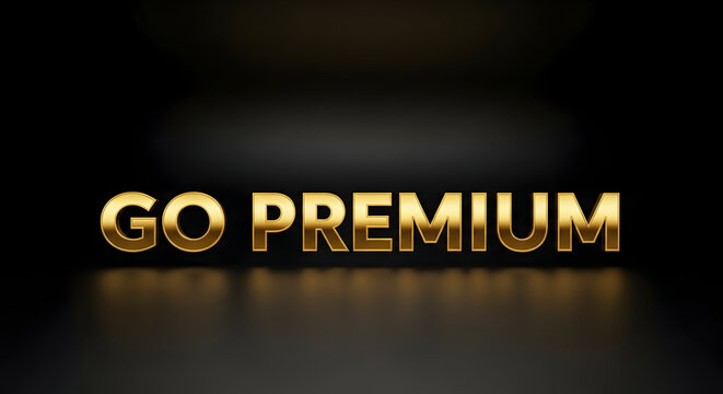 Golden go premium text on a dark background with a reflective shine
