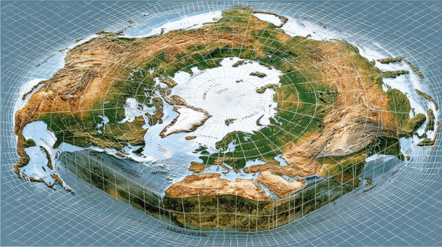 An azimuthal map projection centered on the North Pole