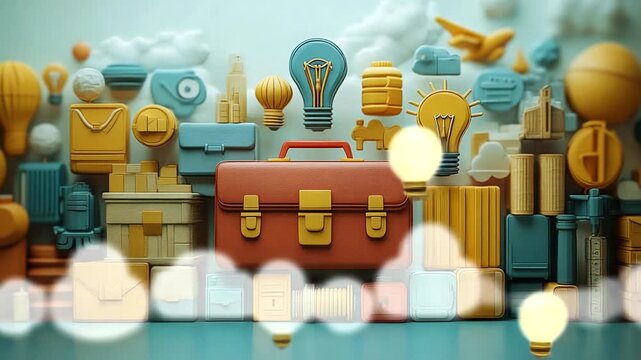 Colorful 3D Illustration of Travel and Business Icons with Briefcase