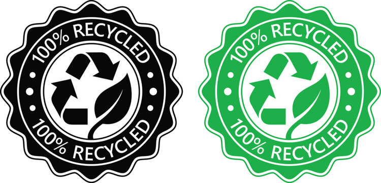 Black and Green 100% Recycled Badge Label Set Eco Friendly Recycling Symbol Seal Sticker Vector Illustration