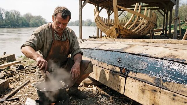 Man applying tar to a wooden boat hull by river. Traditional boat building and maintenance process with hot tar for sealing.