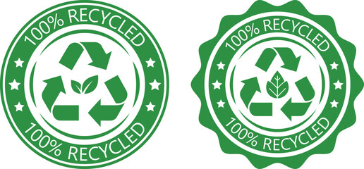 Green 100% Recycled Badge Label Collection Eco Friendly Recycling Symbol Seal Sticker Vector Set