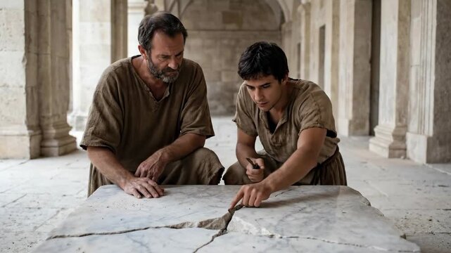 Two men in ancient attire examining a cracked marble slab, with one man pointing and the other observing, demonstrating stonework
