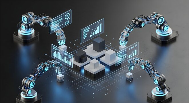 Abstract robotic process automation RPA concept, sleek mechanical arms with glowing blue joints, dark metallic background with subtle grid, isometric perspective, professional 3D render, clean tech co