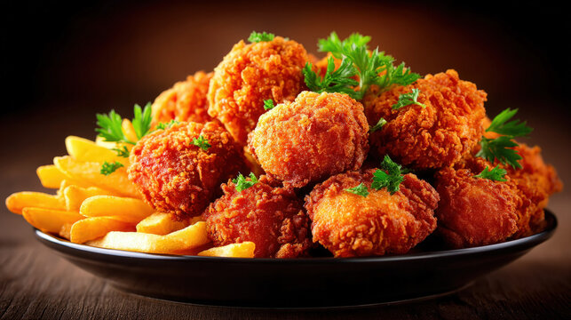 Deep fried chicken pieces and chips on a plate
