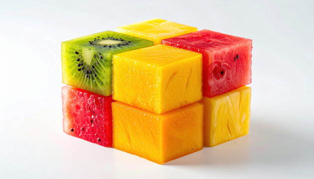 Cubo creativo composto da cubetti di frutta fresca mista tra cui kiwi anguria mango e ananas su sfondo chiaro. Generative AI 