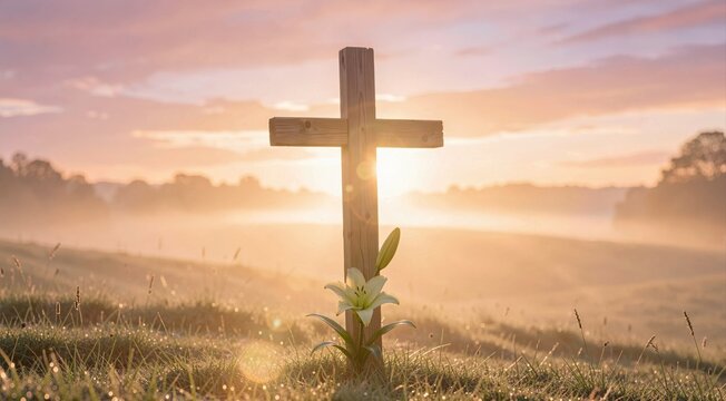 Wooden cross with white lily at sunrise for easter resurrection and church background design for memorial, worship and religious greeting cards