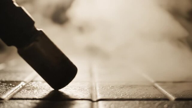 Steam cleaner nozzle on ceramic tile floor producing hot steam cleaning grout lines close up texture of wet brown tile floor conveying domestic chore fresh surface