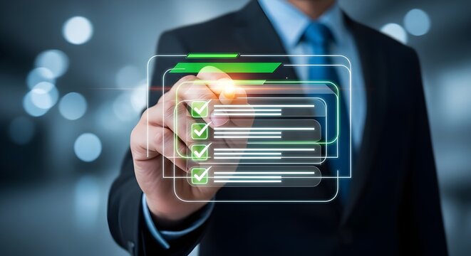 Business professional using digital checklist interface with checkmark icons, representing task completion, quality control, workflow management, and process verification 