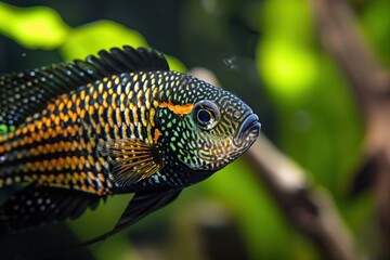 Fototapeta premium Colorful tropical fish gracefully swimming in a vibrant aquarium with lush green plants during a serene underwater moment