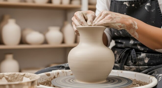 Potter hands shaping clay vase on pottery wheel in studio, close-up