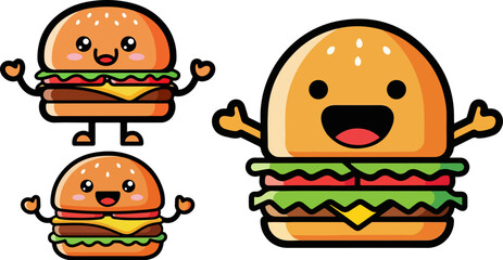 Fototapeta premium Cute cartoon hamburger character vector illustration with a happy face and outstretched arms, depicted in two sizes, isolated on a transparent background.