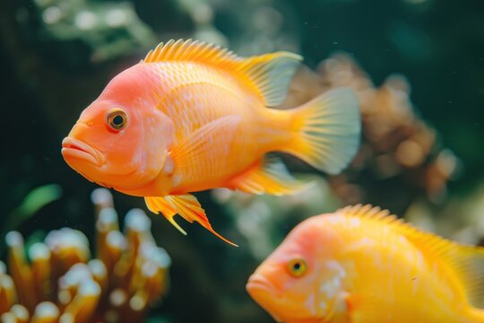 Colorful orange cichlids swim gracefully in a vibrant underwater world filled with coral and aquatic plants