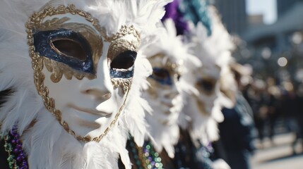 Venetian masks with feathers at outdoor carnival parade festivity