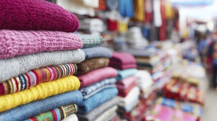 Colorful piles of folded blankets in a vibrant outdoor market setting
