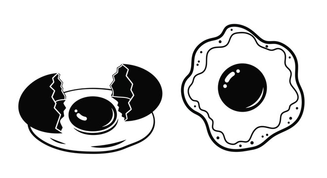 A cracked eggshell and a fried egg black and white illustration