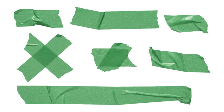 A collection of various pieces of green adhesive tape, including strips and an x shape, isolated against a white background