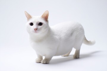 Whimsical white Munchkin cat stands on a bright surface, capturing curiosity with its striking appearance and playful stance