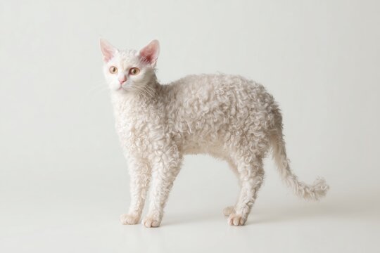 Curly-haired Lambkin cat stands proudly on a bright white surface, showcasing its unique beauty and charm in a serene indoor setting