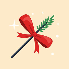 A festive red bow tied around a magic wand with a sprig of greenery