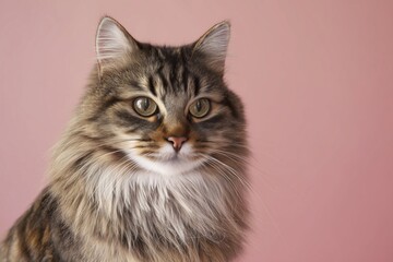 Majestic Siberian feline stares gracefully against a soft pink backdrop, capturing a moment of elegance and charm