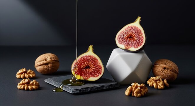 Fresh figs and walnuts on dark slate with knife cutting ripe fig close-up top view healthy food