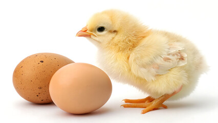 Cute yellow baby chick with brown eggs on white background
