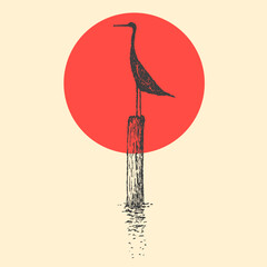 Minimalist zen bird on post with red sun. Monochrome minimalistic vector Illustration.