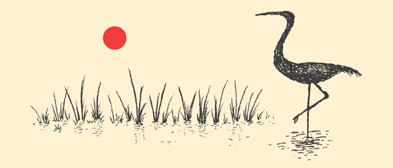 Minimalist japanese style ink sketch heron standing in water with red sun and reeds. Vector Illustration.