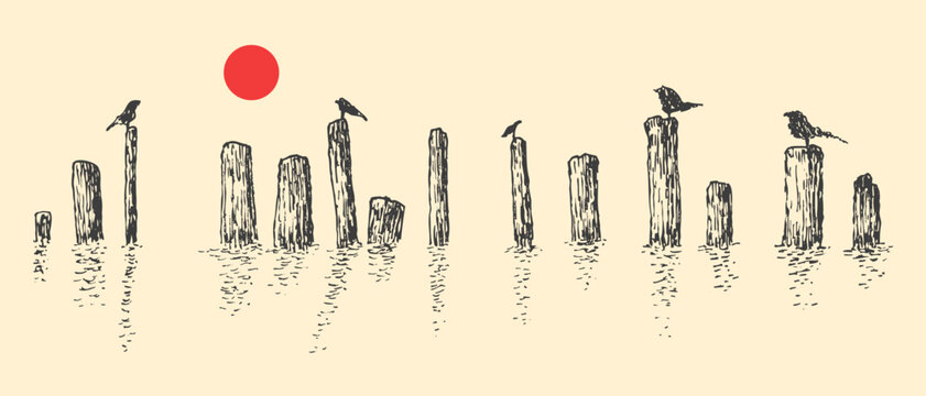Hand drawn minimalist landscape with birds on wooden piers and red sun, zen style sketch