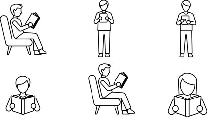 Illustrations of people engaging in reading activities in various postures and environments